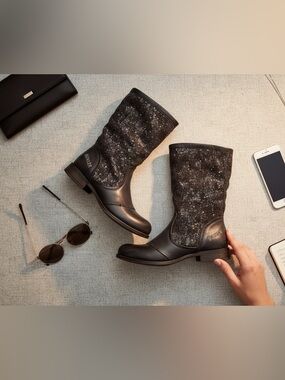 Bunker Black Leather Slouch Boots‎ Size 8.5 Sparkly Lace Moto Biker Edgy Unique